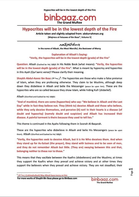 Hypocrites will be in the lowest depth of the Fire