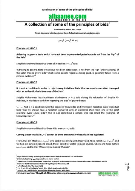 A collection of some of the principles of bida, al-Albani