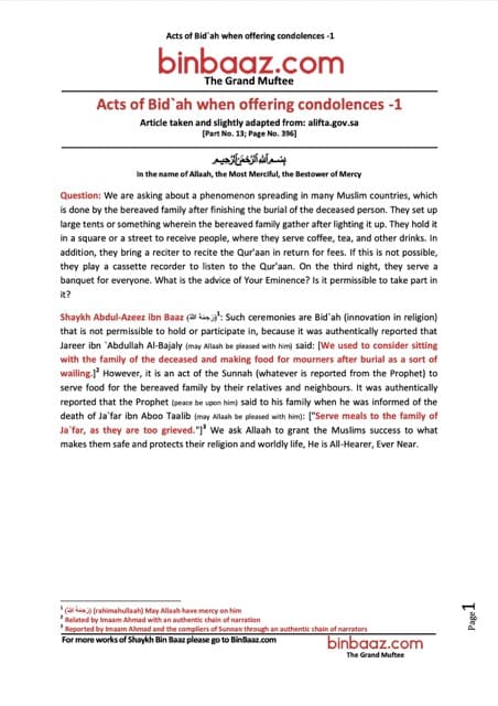 Acts of Bid`ah when offering condolences, Ibn Baz