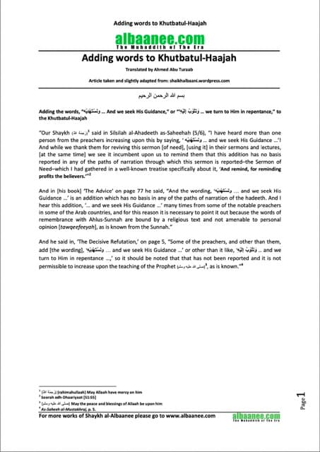 Adding words to Khutbatul-Haajah, al-Albani
