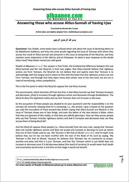 Answering those who accuse Ahlus-Sunnah of having irjaa, al-Albani
