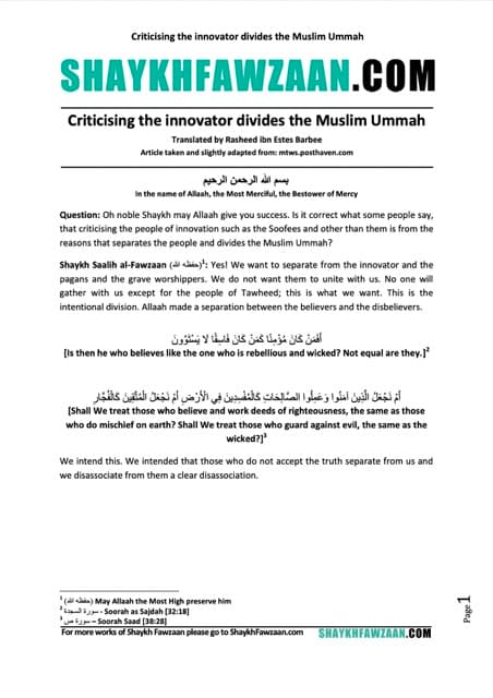 Criticising the innovator divides the Muslim Ummah, al-Fawzaan