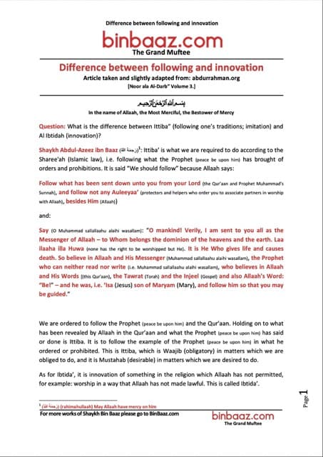 Difference between following and innovation, Ibn Baz