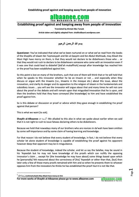 Establishing proof against and keeping away from people of innovation, al-Albani