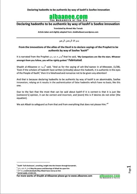 Hadeeths to be authentic by kashf is Soofee innovation, al-Albani
