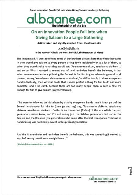 Innovation people fall into giving Salaam to gathering, al-Albani