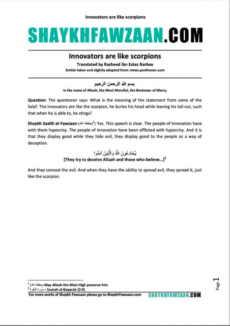 Innovators are like scorpions, al-Fawzaan