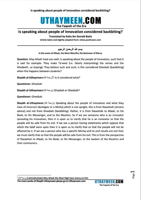Is speaking about people of innovation considered backbiting, Ibn Uthaymeen