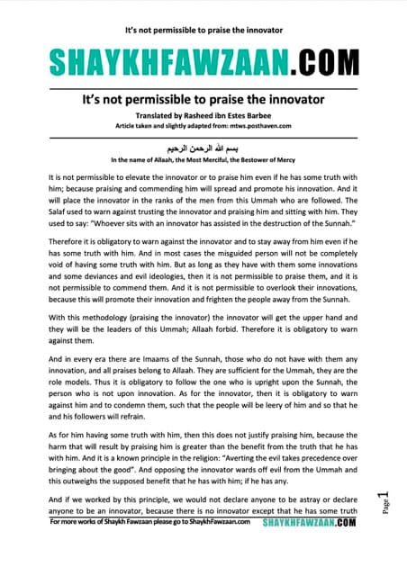 It’s not permissible to praise the innovator, al-Fawzaan