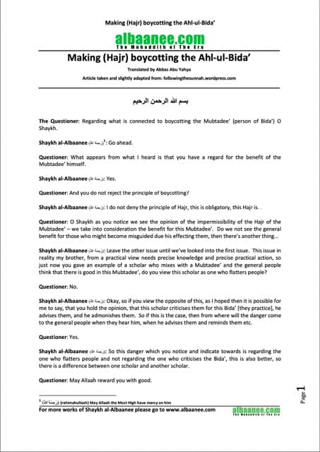 Making (Hajr) boycotting the Ahl-ul-Bida, al-Albani