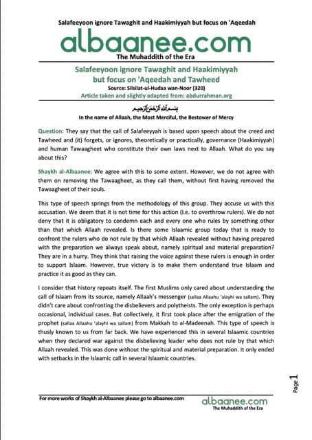 Salafeeyoon ignore Tawaghit and Haakimiyyah, al-Albani