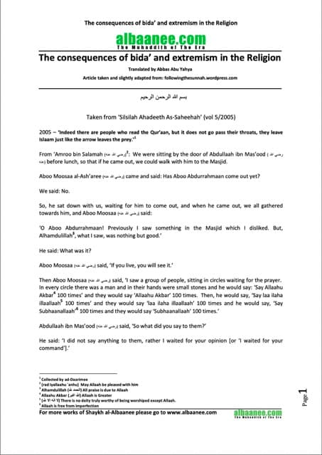 The consequences of bida’ and extremism in the Religion, al-Albani