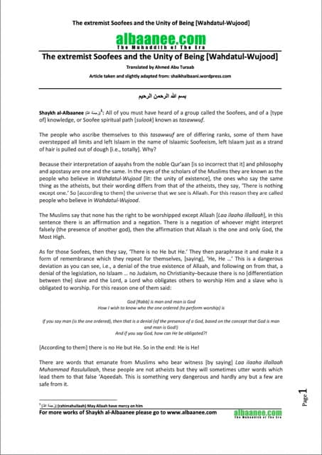 The extremist Soofees and the Unity of Being (Wahdatul-Wujood), al-Albani
