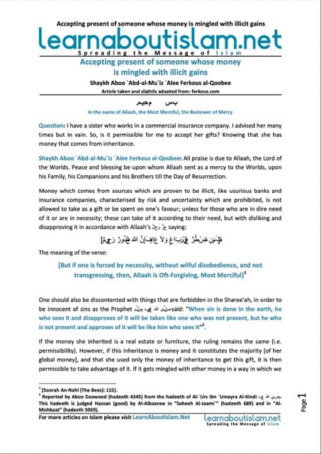 Accepting present of someone whose money is mingled with illicit gains