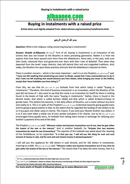 Buying in instalments with a raised price, al-Albaani