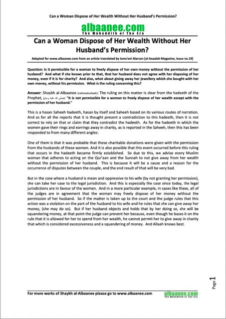 Can a woman dispose of her wealth without her husband’s Permission, al-Albaani