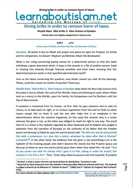 Giving bribe in order to remove harm of taxes