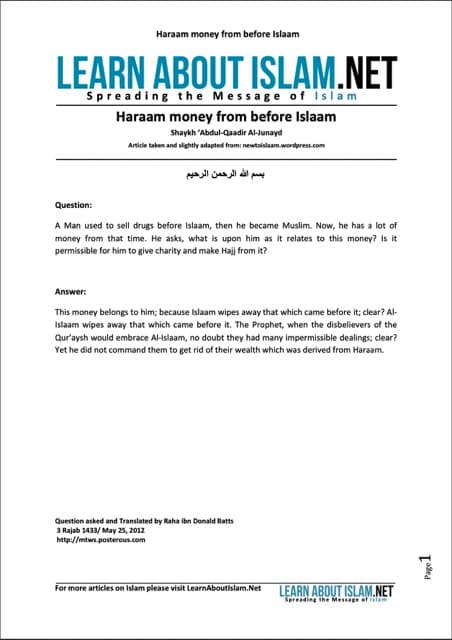 Haraam money from before Islaam