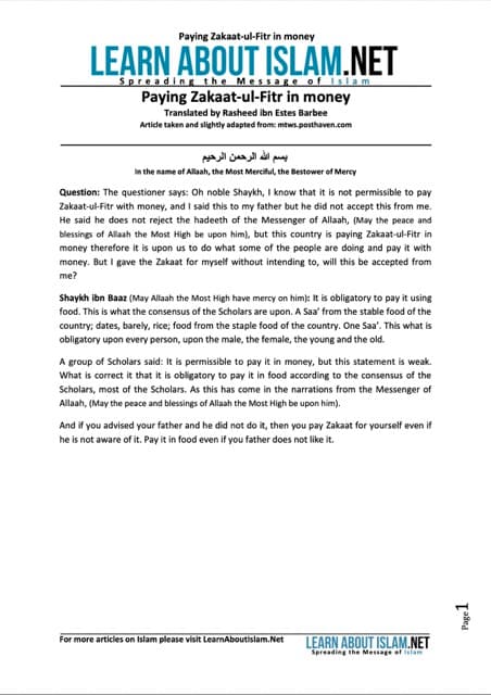 Paying Zakaat-ul-Fitr in money