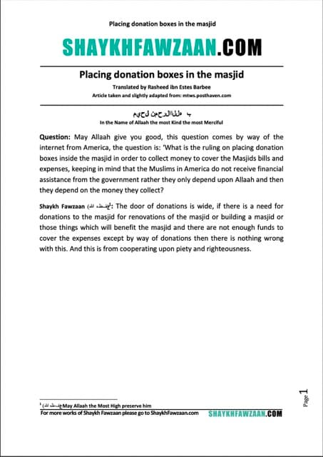 Placing donation boxes in the masjid, al-Fawzaan