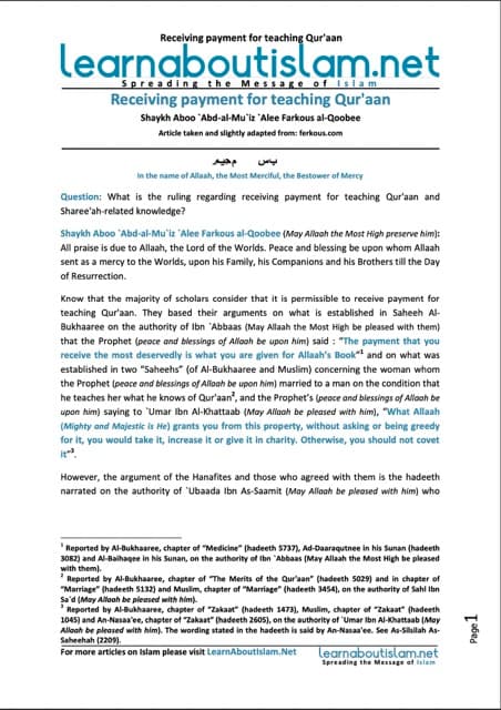 Receiving payment for teaching Qur’aan