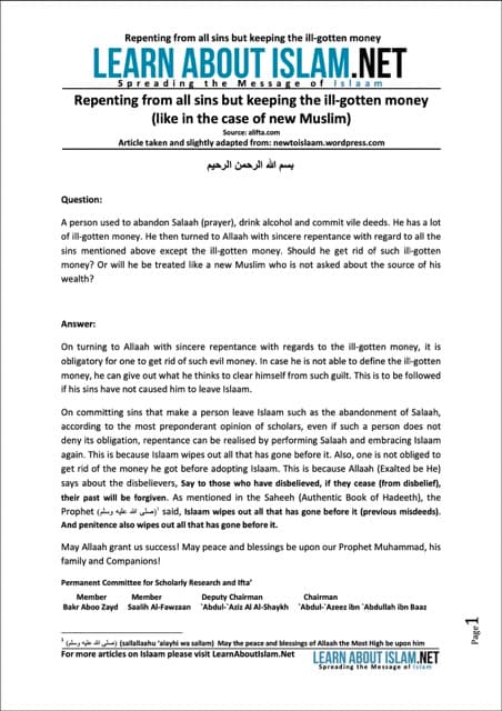 Repenting from all sins but keeping the ill-gotten money