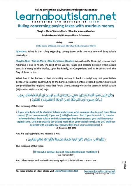 Ruling concerning paying taxes with usurious money