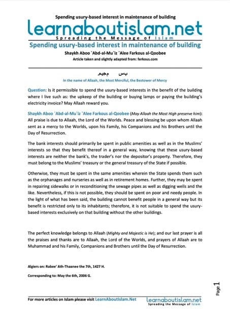 Spending usury-based interest in maintenance of building