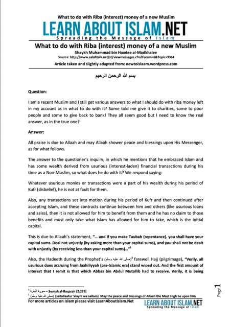 What to do with Riba (interest) money of a new Muslim