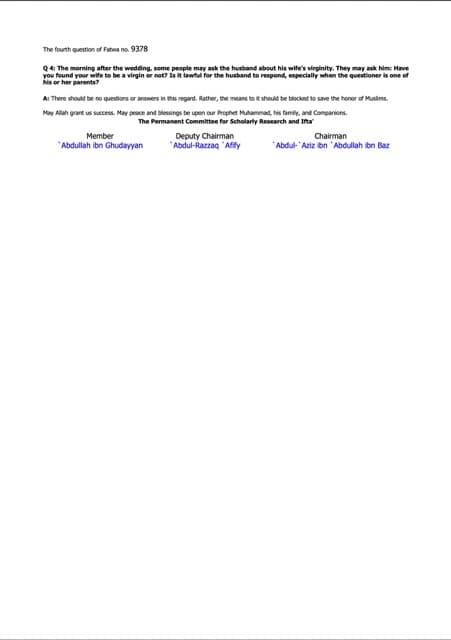 Asking husband about his wife’s virginity