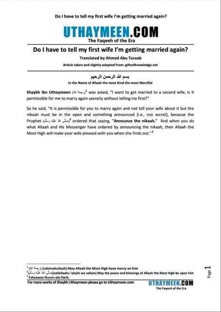 Do I have to tell my first wife I’m getting married again, Ibn Uthaymeen