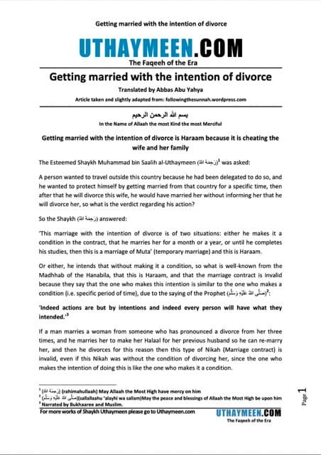 Getting married with the intention of divorce, Ibn Uthaymeen