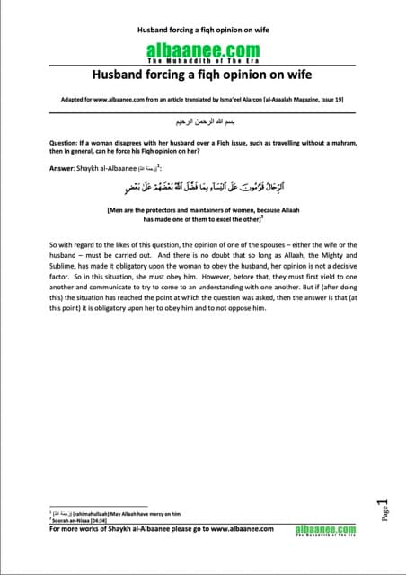 Husband forcing a fiqh opinion on wife, al-Albaani