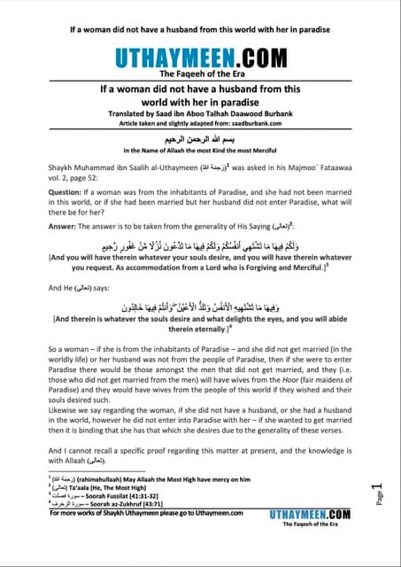 If a woman did not have a husband from this world with her in paradise, Ibn Uthaymeen