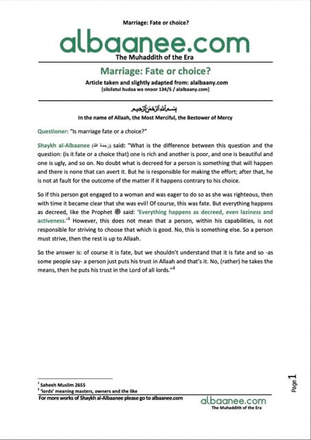 Marriage: Fate or choice, al-Albaani