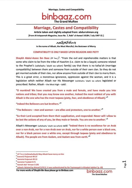 Marriage, Castes and Compatibility, Ibn Baz