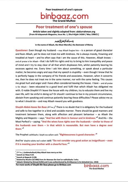 Poor treatment of one’s spouse, Ibn Baz