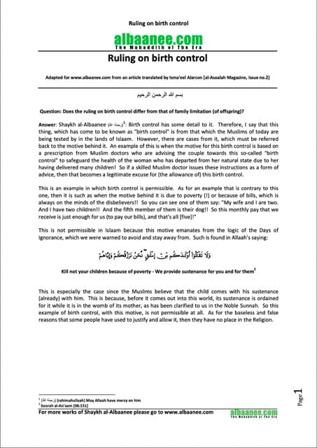 Ruling on birth control, al-Albaani