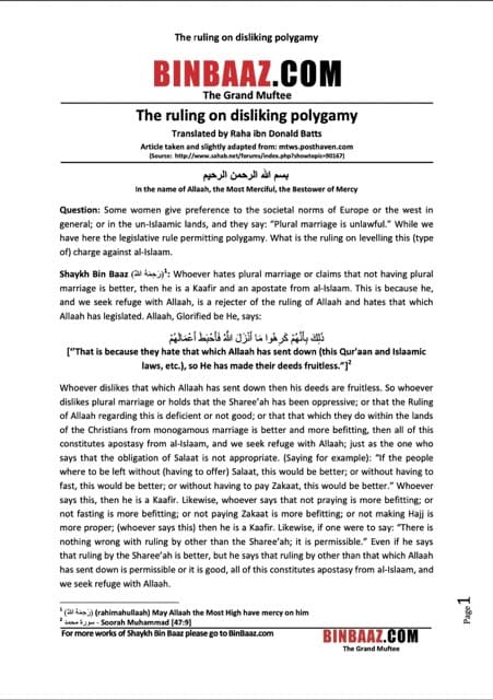 Ruling on disliking polygamy, Ibn Baz