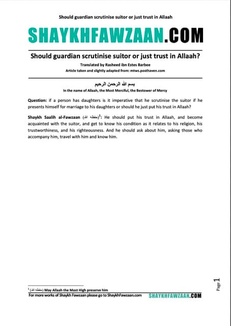 Should guardian scrutinise suitor or just trust in Allaah, al-Fawzaan