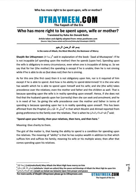 Who has more right to be spent upon, wife or mother, Ibn Uthaymeen