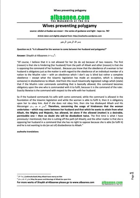 Wives preventing polygamy, al-Albaani