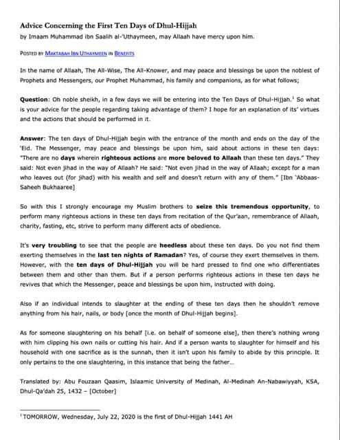 Advice Concerning the First Ten Days of Dhul-Hijjah