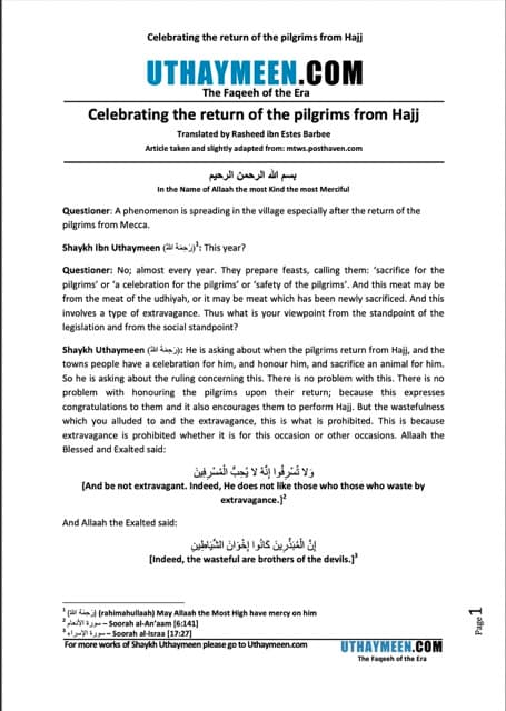 Celebrating the return of the pilgrims from Hajj, Ibn Uthaymeen