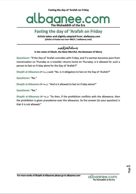 Fasting the day of ‘Arafah on Friday, al-Albaani