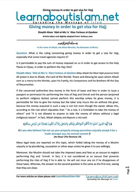 Giving money in order to get visa for Hajj