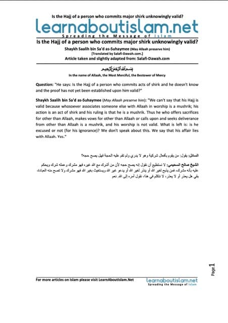 Is the Hajj of a person who commits major shirk unknowingly valid