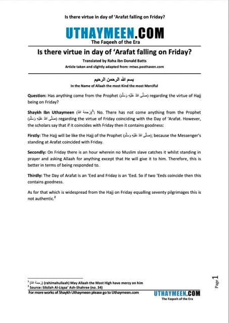 Is there virtue in day of ‘Arafat falling on Friday, Ibn Uthaymmen