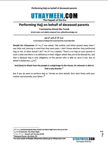 Performing Hajj on behalf of deceased parents, Ibn Uthaymeen
