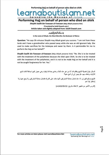Performing Hajj on behalf of person who died on shirk